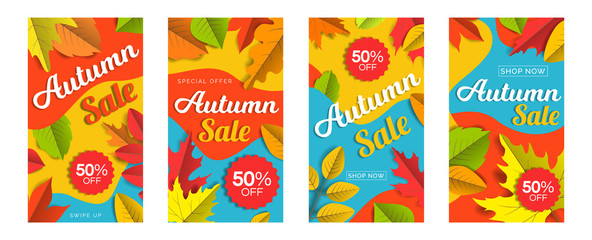 autumn sale vertical banners set  design with  leaves on geometric colorful abstract shapes background for social media