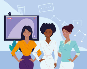 businesswomen cartoons in front of screen in video chat vector design