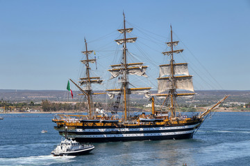 The Amerigo Vespucci training ship of the Italian Navy crosses the navigable canal of Taranto,...