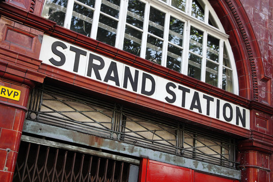 London, United Kingdom, April 30, 2011: The Strand London Underground tube station which is no longer in use and is a popular travel destination tourist attraction landmark stock photo image
