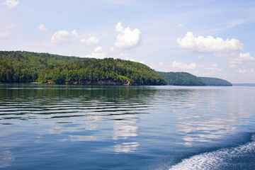 Angara river on a sunny summer day. View from the yacht.