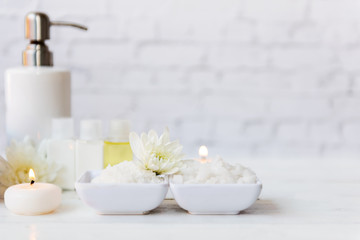 Obraz na płótnie Canvas Spa beauty massage health wellness. Spa Thai therapy treatment aromatherapy for body woman with white flower nature candle for relax and summer time.  