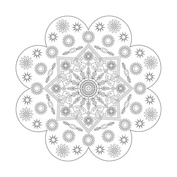 Vector mandala, for tattoos, coloring, relaxation and soothing. Elements of flowers, sun, circles. Isolated on a white background. Design for t-shirt, bag, postcard. Mandala. Ethnic decorative