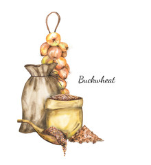 Buckwheat in canvas bags and a bunch of onions. A hand-drawn watercolor illustration isolated on a white background. Wooden spoon, a scattering.