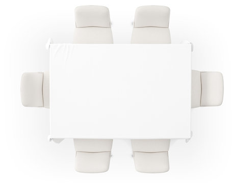 Top View Of A 3D Render Table And Six Chairs Isolated On A White Background