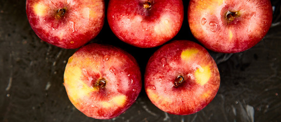 Banner of Fresh organic red apples on black background.