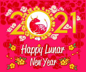 Happy chinese new year 2021 Zodiac sign, year of the ox, red and gold paper cut ox character,  background - template design for poster, banner, social media post.
