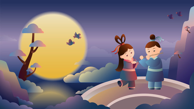 China chic illustration of the cowherd and the weaver girl meet on Qixi Festival or Qiqiao Festival. Double Seventh Festival. Romantic Chinese folk tale.