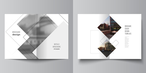 Vector layout of two A4 format cover mockups design templates with geometric simple shapes, lines and photo place for bifold brochure, flyer, magazine, cover design, book, brochure cover.