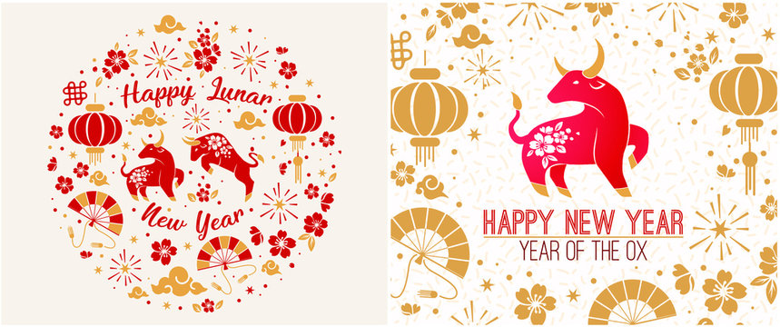 Happy chinese new year 2021 Zodiac sign, year of the ox, red and gold paper cut ox character, flower and Asian elements with craft style on background, Christmas taming for Asian new year, greeting ca