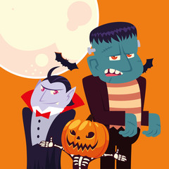 Halloween vampire skull with pumpkin and frankenstein cartoons vector design