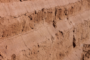Background of great clay wall or brown ocher. Grunge rock texture Cracked ground texture in vintage style. Natural red sand hill backdrop for advertising design text sign.Canyon natural rock formation