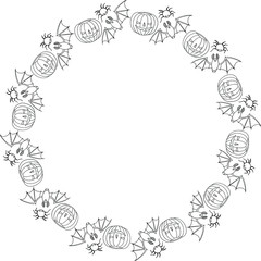 Linear round frame halloween, wreath, decorative design, vector illustration