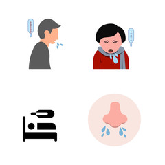 Flu disease prevention, cold symptoms flat line icons set.