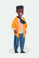 Cool vector flat character design on black millennial boy. Casually clothed cheerful African student standing full length wearing loose clothes, sneakers and waist bag on shoulder