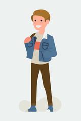 Cool vector flat character design on millennial boy. Casually clothed cheerful student standing full length wearing blue jeans jacket, sneakers and brown skinny jeans
