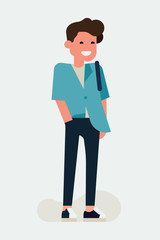 Cool vector flat character design on millennial guy. Casually clothed cheerful student standing full length wearing half tucked shirt and dark skinny jeans