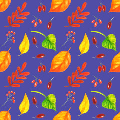 Autumn colorful leaves seamless pattern. Bright multi colored leaves on blue background. Watercolor illustration