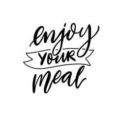 Enjoy your meal. Inspirational calligraphy quote for cafe menu, restaurant poster. Black script lettering isolated on white background - obrazy, fototapety, plakaty