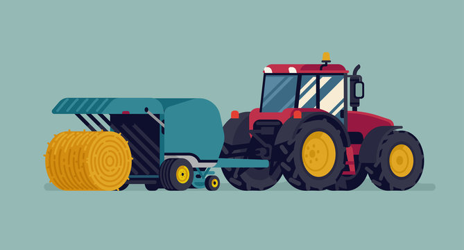 Modern four wheel drive tractor pulling round baler with hay bale rolling out. Baling process vector flat style illustration. Agriculture and farming concept design