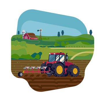 Field Soil Ploughing Process Vector Flat Style Concept. Cool Vector Flat Design Element On Farming With Tractor Plowing A Field With Reversible Plow And A Farm In The Distance