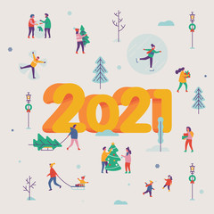 Obraz na płótnie Canvas Lovely vector New Year 2021 greeting card, poster or banner template with crowd of people doing winter holiday season outdoors activities, making snowman, carrying Xmas tree, riding sleds, etc.