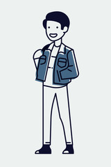 Cool linear illustration on young adult student in trendy outfit, isolated. Adjustable stroke weight