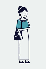 Cool monoweight stroke illustration on cheerful young adult female student in trendy outfit, isolated. Fully adjustable. Cute linear character design