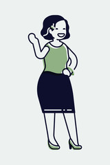 Cool monoweight stroke illustration on cheerful young adult female student in trendy outfit, isolated. Fully adjustable. Cute linear character design