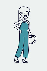 Cool monoweight stroke illustration on cheerful young adult female student in trendy outfit, isolated. Fully adjustable. Cute linear character design