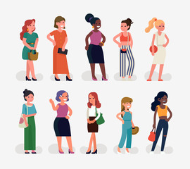 Quality vector character design on diverse group of young adult women. Diverse group of ladies standing in lineup. Set of multiracial female characters in different outfits and appearance