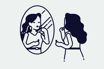 Cool vector flat line monoweight stroke illustration on young adult girl preening. Attractive woman applies make up looking at herself in the mirror