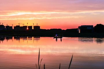 Beautiful city park skyline in the setting sun