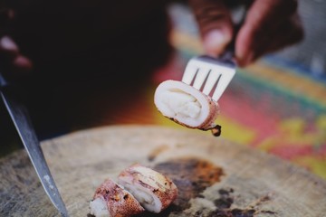 Delicious grilled shrimp and squid on food in Thailand
