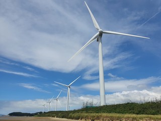 Fototapeta premium Sinan-gun, Jeollanam-do, South Korea - 26th July 2020 : Scenery of Egi Beach and wind power generator in Sinan-gun Island