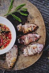 Delicious grilled shrimp and squid on food in Thailand