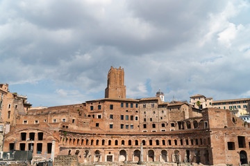 Fototapeta na wymiar A panoramic view on Trajan's Market (Mercati Traianei) on the Via dei Fori Imperiali in Rome, Italy