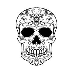 Illustration of mexican sugar skull. Design element for logo, emblem, sign, poster, card, banner. Vector illustration