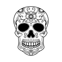 Illustration of mexican sugar skull. Design element for logo, emblem, sign, poster, card, banner. Vector illustration