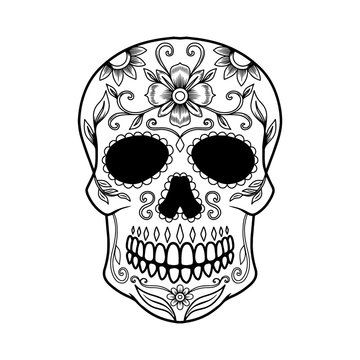 Illustration of mexican sugar skull. Design element for logo, emblem, sign, poster, card, banner. Vector illustration