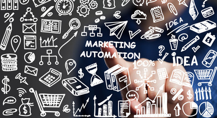 Planning marketing strategy. Business, Technology, Internet and network concept. Young businessman shows the word: Marketing automation