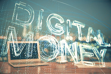 Multi exposure of blockchain theme hologram and table with computer background. Concept of bitcoin crypto currency.