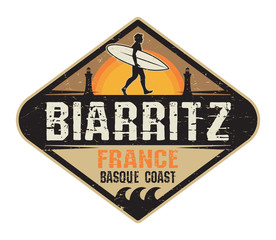 Biarritz, France - surfer sticker, stamp or sign desig - obrazy, fototapety, plakaty