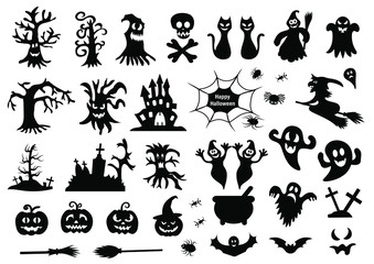 Set of silhouettes of Halloween on a white background. Vector illustration	