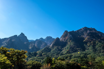 The landscape of autumn mountain background blue sky.