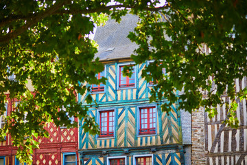 Beautiful half-timbered buildings in medieval town of Rennes, France - obrazy, fototapety, plakaty