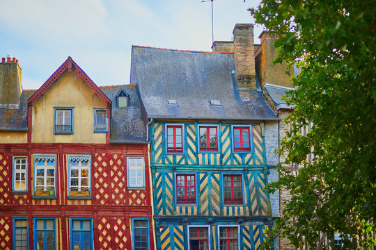 Beautiful half-timbered buildings in medieval town of Rennes, France