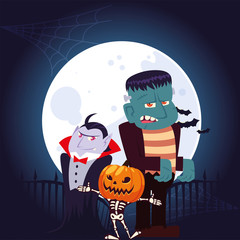 Halloween vampire skull with pumpkin and frankenstein cartoon at night vector design