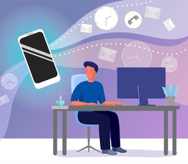 Man with a phone. Modern life with a smartphone. Distract from work. Annoying notifications