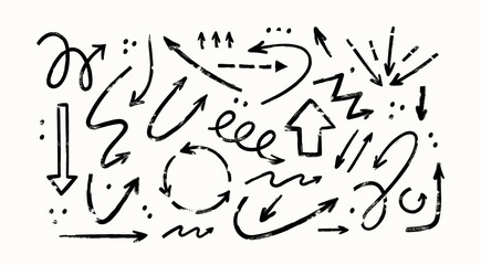 Various Doodle Arrows. Direction pointers. Different shapes. Straight, curly, twisted, dotted and round. Brush stroke style. Grunge texture. Hand drawn Vector set. All elements are isolated